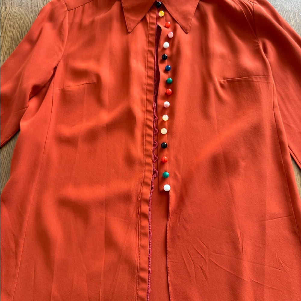 Chloe Orange Silk Button-Down Blouse with Multicolor Bead Buttons